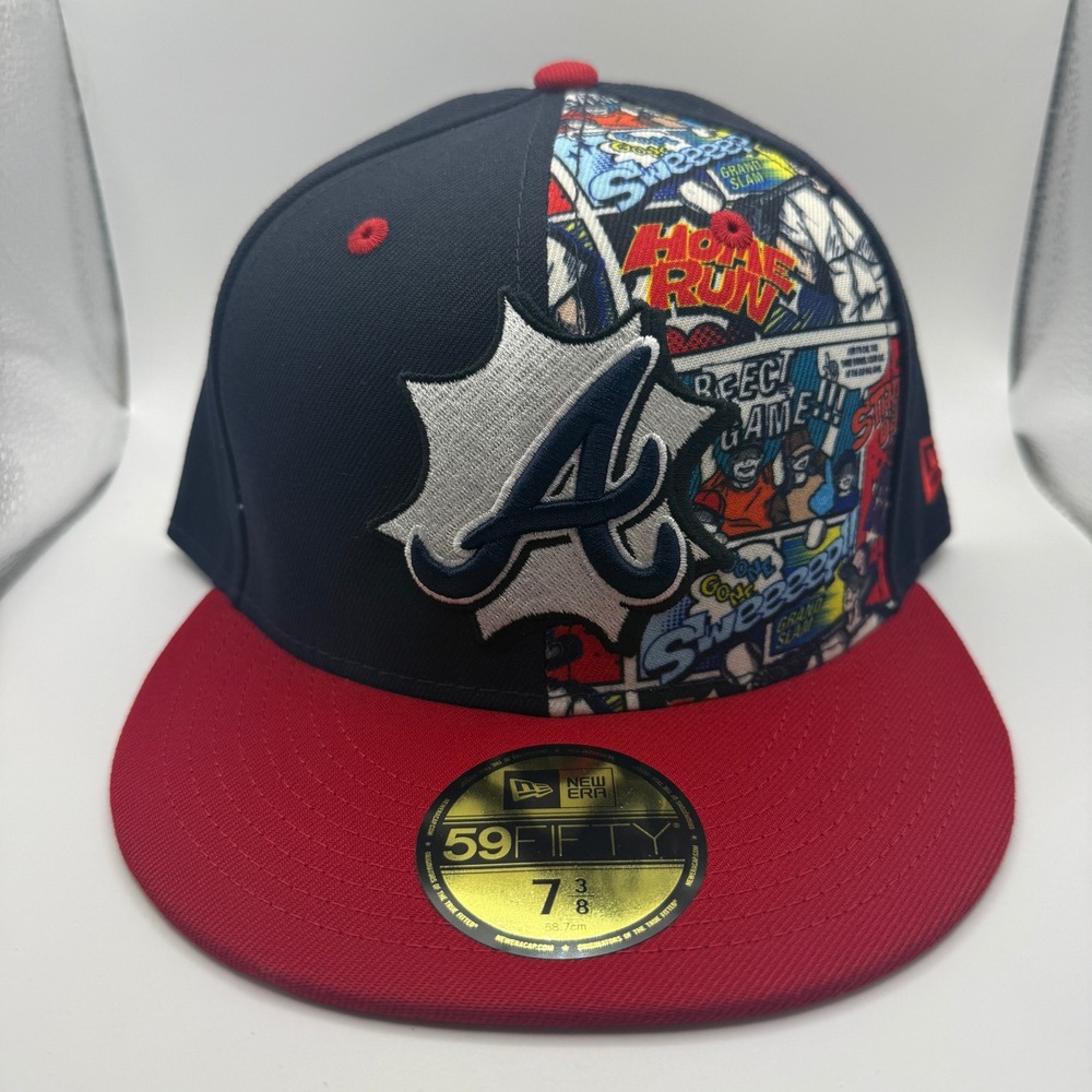 New Era 59FIFTY Atlanta Braves Comic Book Split Fitted Hat 7 3/8 Navy Red